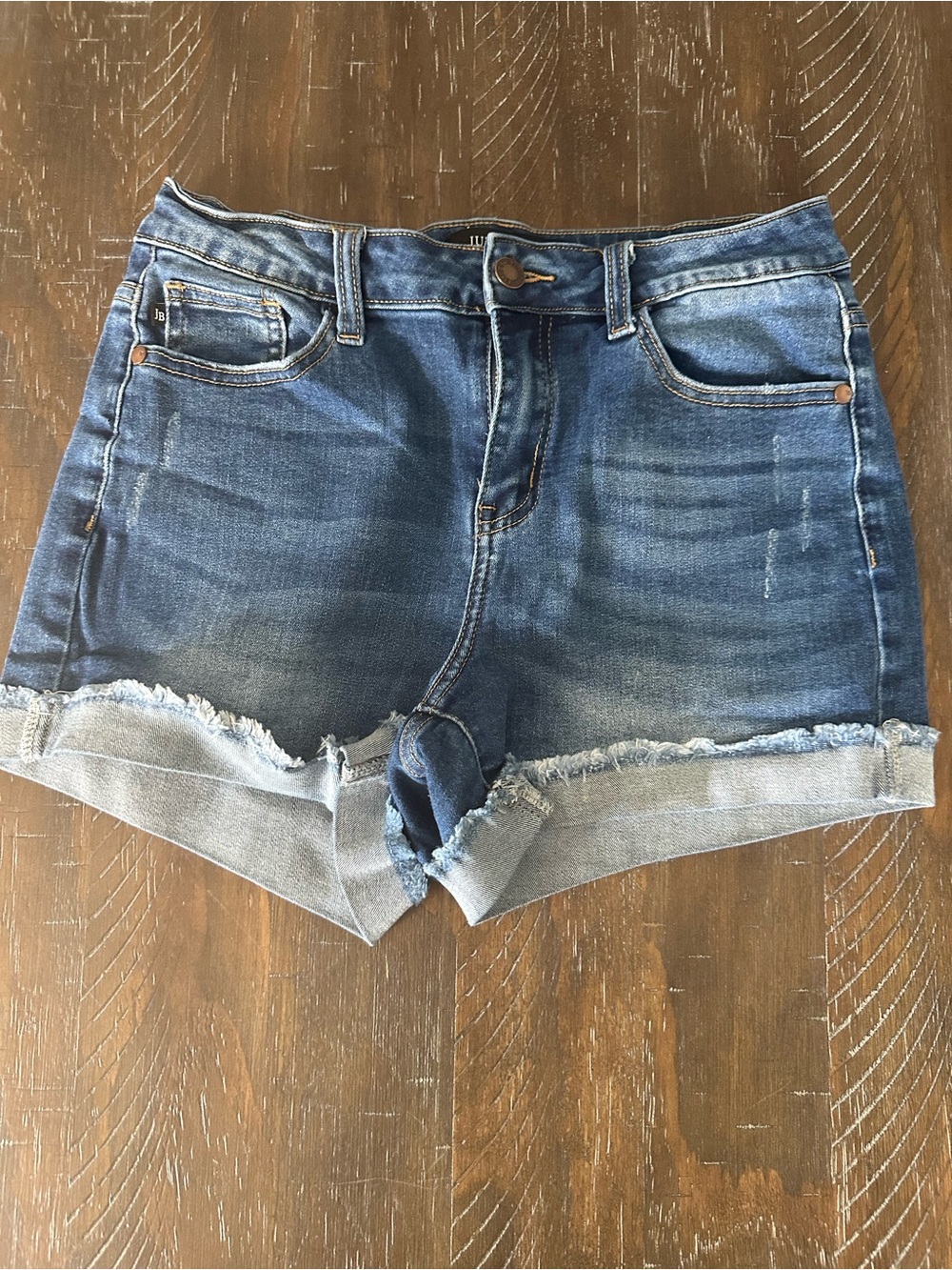 Judy Blue Medium Blue Distressed Rolled-Hem Denim Shorts - Size 27